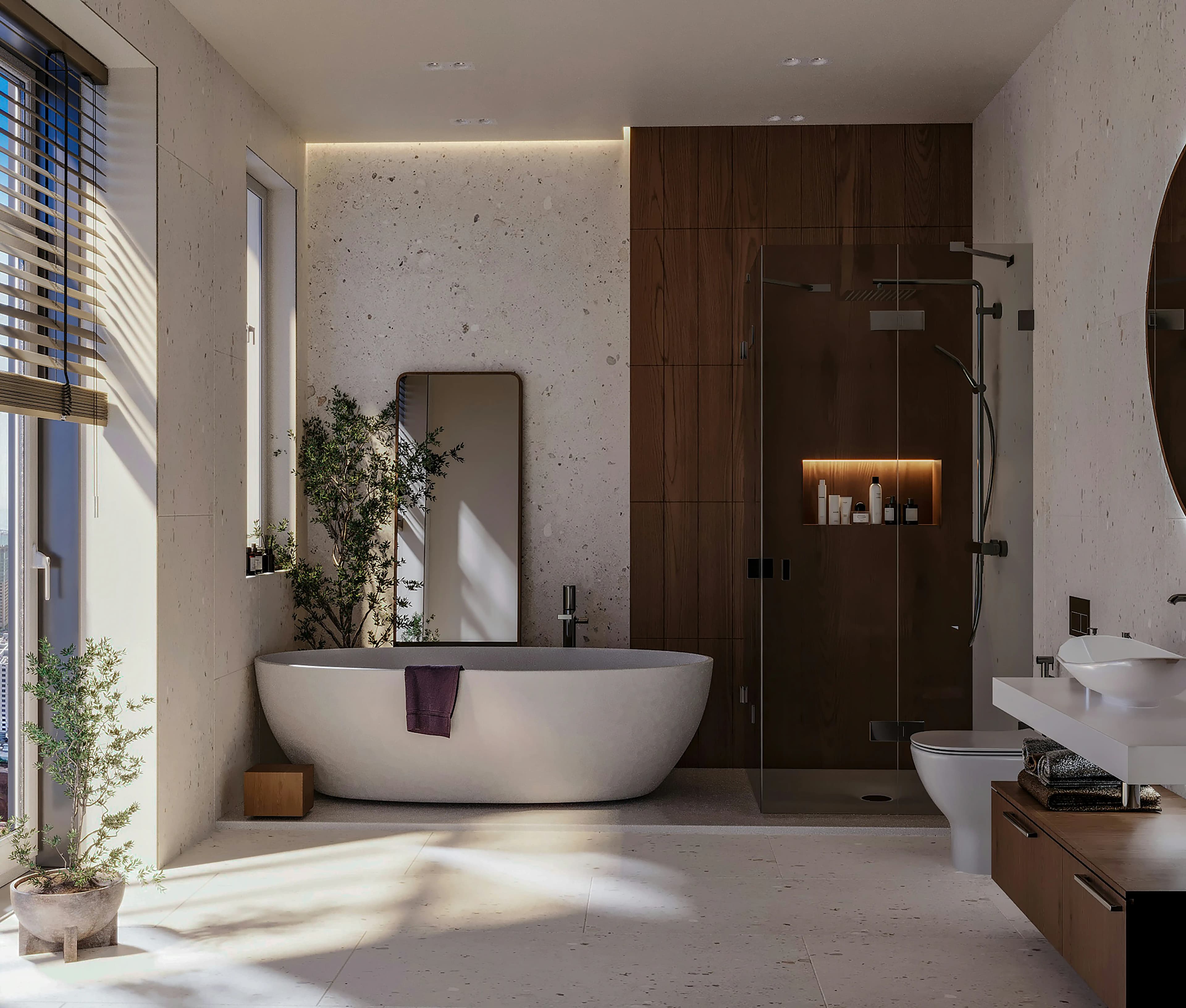 A wooden and open plan bathroom with bathtub and large window for natural light